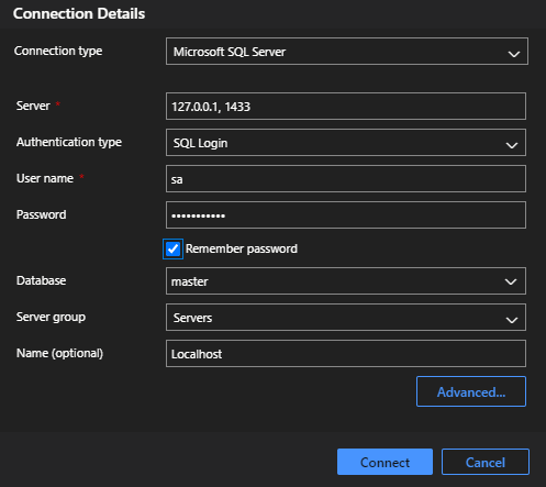 Formulário de conexão do Azure Data Studio preenchido com servidor localhost, autenticação SQL Login e banco master