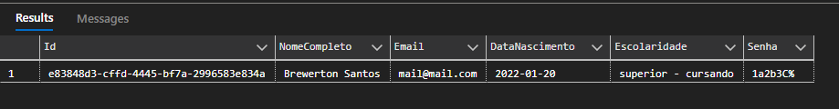 Resultado do SELECT com LIKE na tabela de usuários exibindo nome completo, e-mail e demais colunas do usuário cadastrado