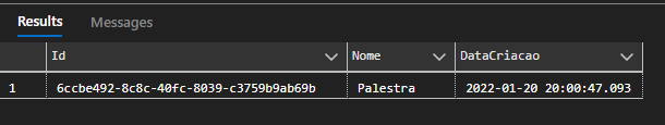 Resultado do SELECT na tabela de categorias do SQL Server na prática com a categoria de palestras cadastrada