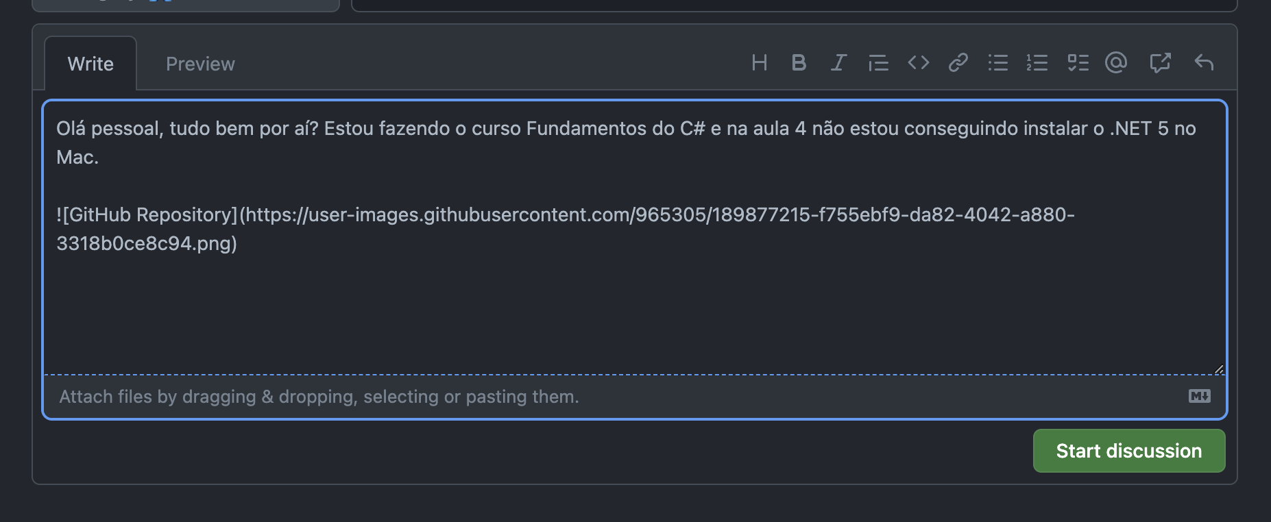 Caixa de texto da discussão mostrando a imagem anexada como um link em Markdown