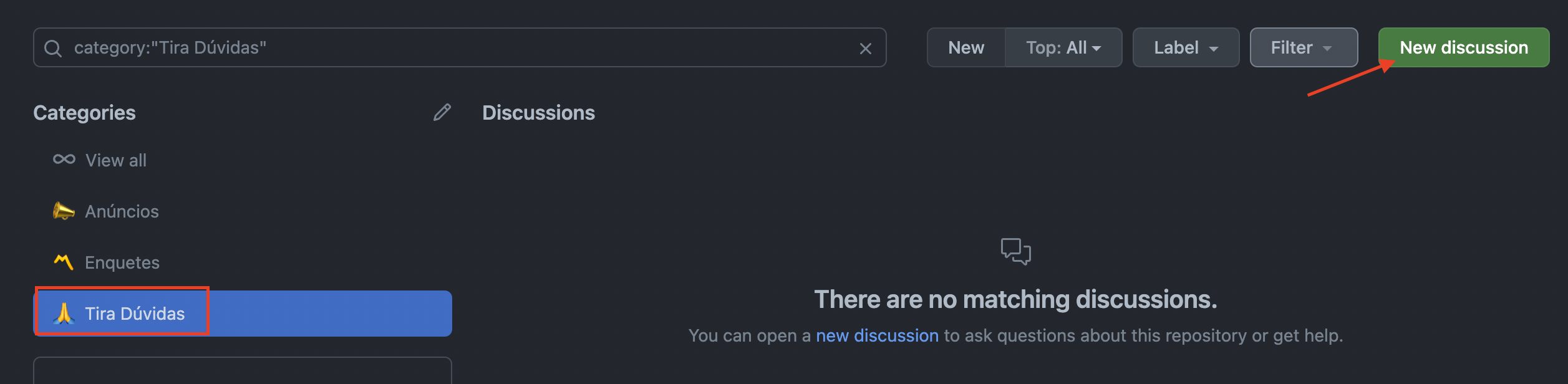 Botão New Discussion na categoria Tira Dúvidas do fórum do balta.io