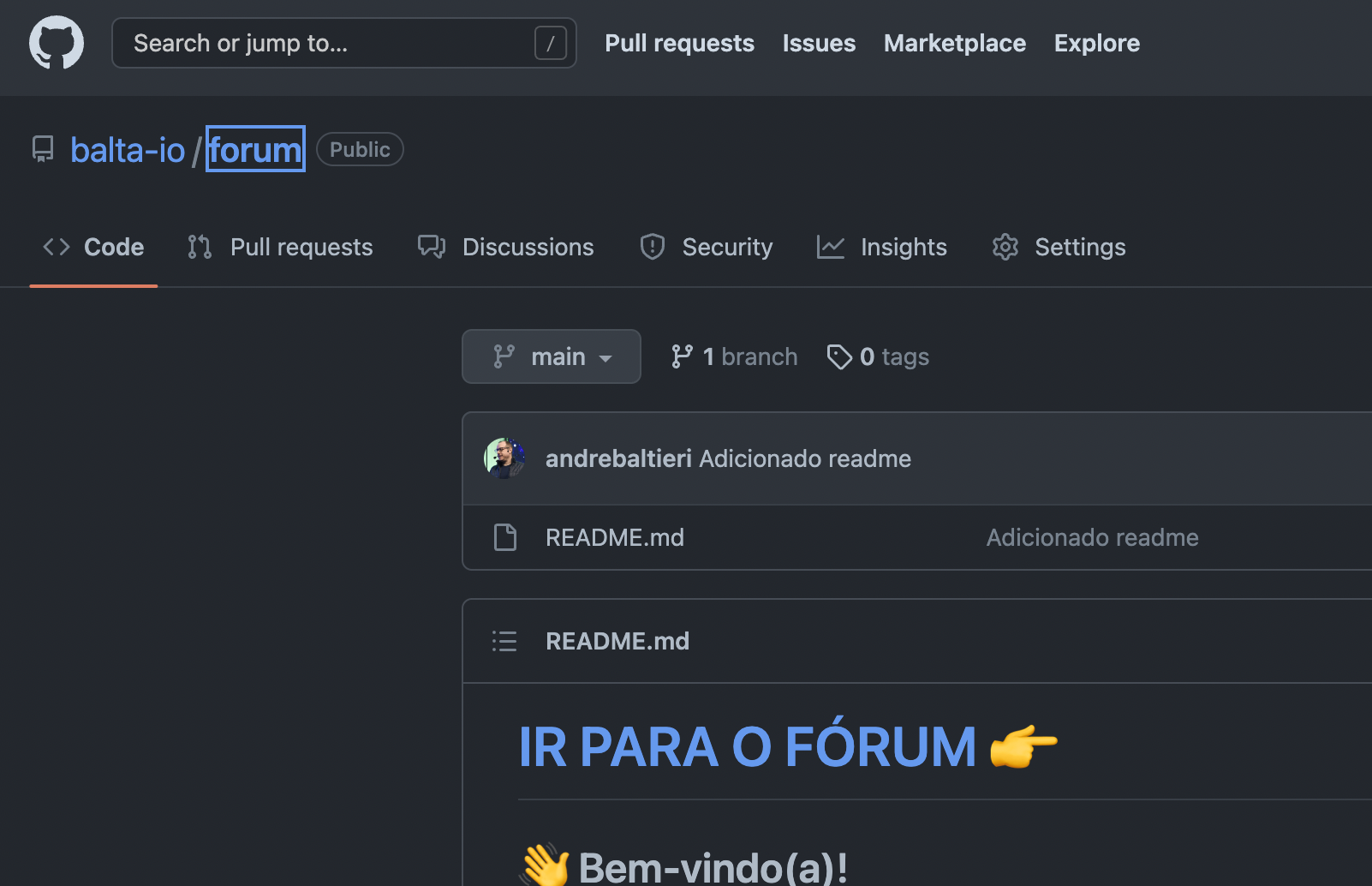 Página do repositório balta-io/forum no GitHub com a aba Discussions em destaque, ponto de partida para tirar dúvidas
