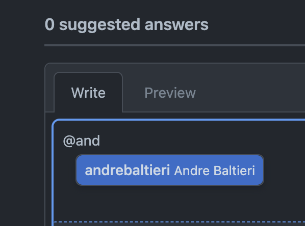Perfil de André Baltieri no GitHub, que pode ser mencionado com @ no fórum