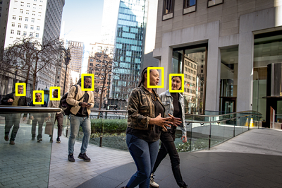Detecção facial em computer vision, com retângulos marcando os rostos encontrados na imagem