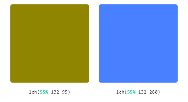 Duas cores no CSS definidas em LCH com a mesma luminosidade e claridade percebida equivalente