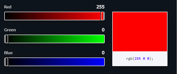 Seletor de cores com controles deslizantes para os canais vermelho, verde e azul, usado para definir cores no CSS em RGB