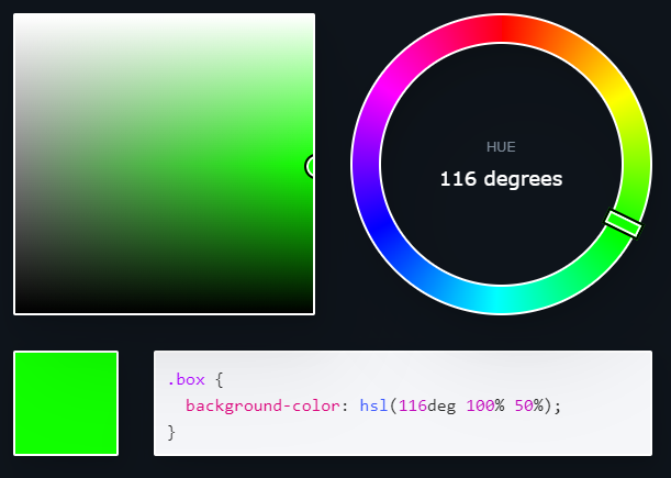 Seletor de cores no CSS no formato HSL com controles de matiz, saturação e luminosidade