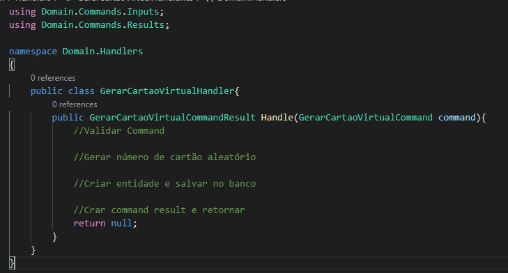 Classe do handler com os passos da implementação descritos em comentários