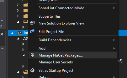 Menu de contexto do projeto Infra no Visual Studio com a opção Manage NuGet Packages