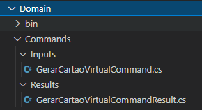 Estrutura de pastas da API com EF Core mostrando os commands de entrada e de resultado dentro do projeto Domain