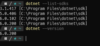Terminal exibindo a lista de SDKs do .NET instalados e a versão padrão, conferidas antes de usar o dotnet new