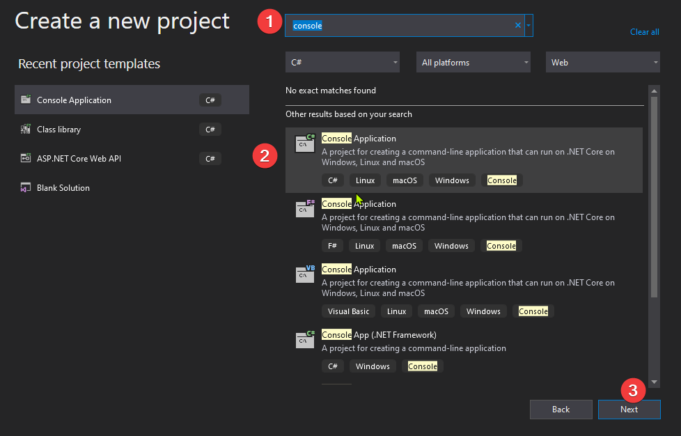 Lista de modelos de projeto do Visual Studio com a opção Console Application em destaque
