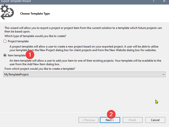 Assistente Export Template do Visual Studio com a opção Item Template selecionada