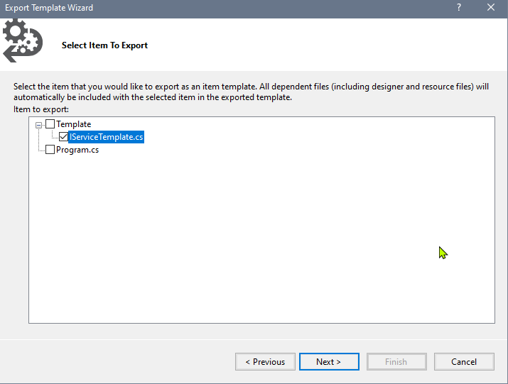 Tela Select Item To Export com a interface IServiceTemplate marcada para o template no Visual Studio