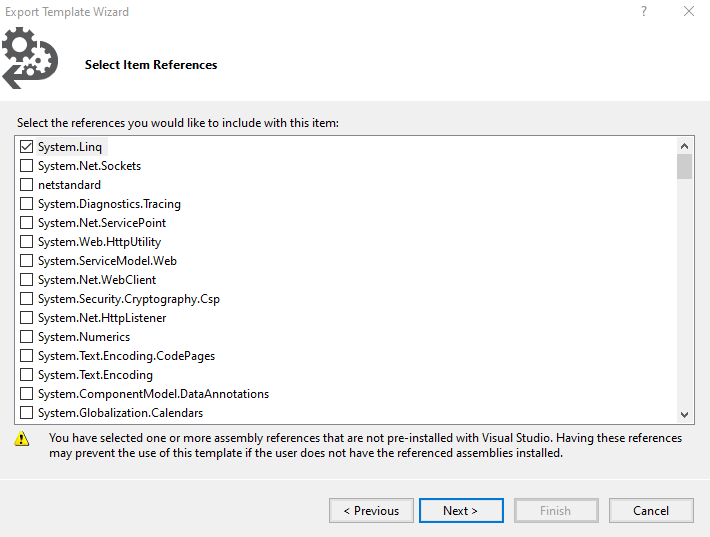 Tela Select Item References do assistente com assemblies disponíveis para o template