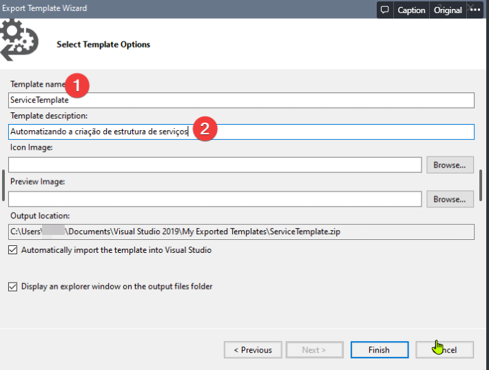 Tela Select Template Options com nome, descrição e opção de importação do template no Visual Studio