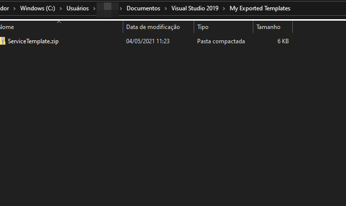Pasta do Windows Explorer exibindo o arquivo zip exportado pelo Visual Studio