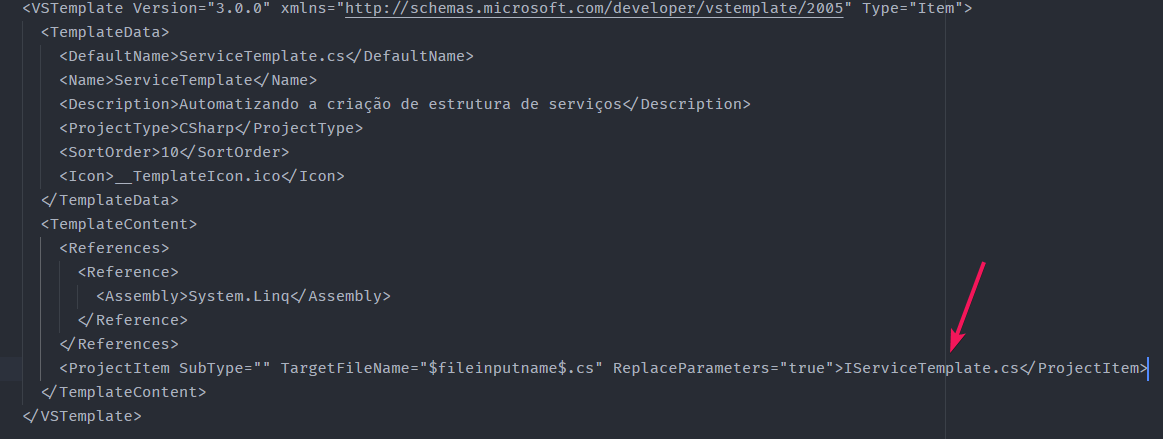 Arquivo vstemplate padrão gerado pelo Visual Studio com um único ProjectItem