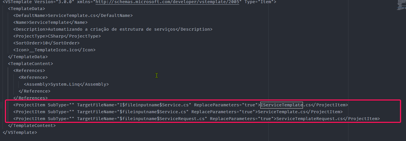 Arquivo vstemplate editado com três elementos ProjectItem para o template de serviço do Visual Studio