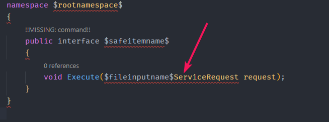 Interface IServiceTemplate com o método Execute recebendo o request no template do Visual Studio