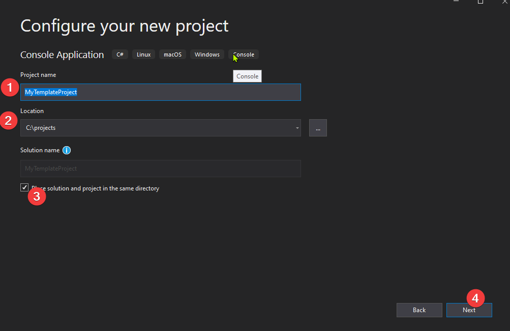 Tela de configuração do nome e da pasta do projeto console no Visual Studio 2019