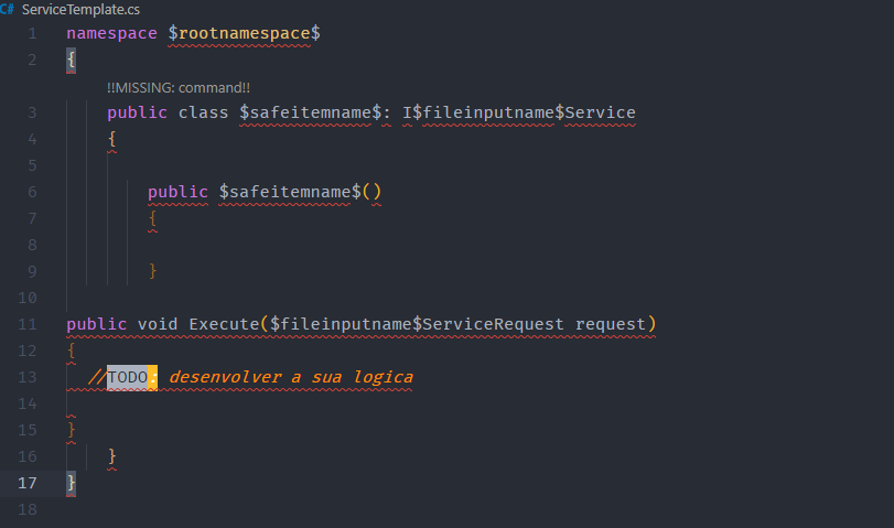 Classe ServiceTemplate implementando a interface e o método Execute no template do Visual Studio