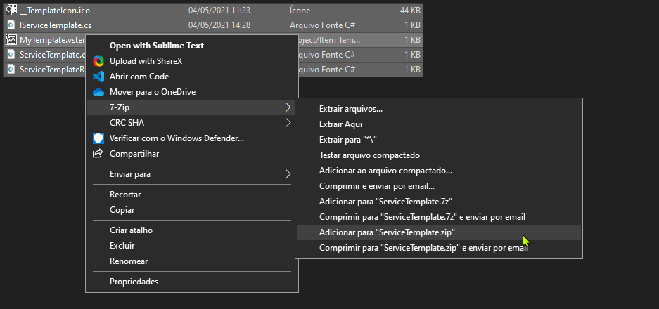 Menu Enviar para do Windows com a opção Pasta compactada para gerar o zip do template