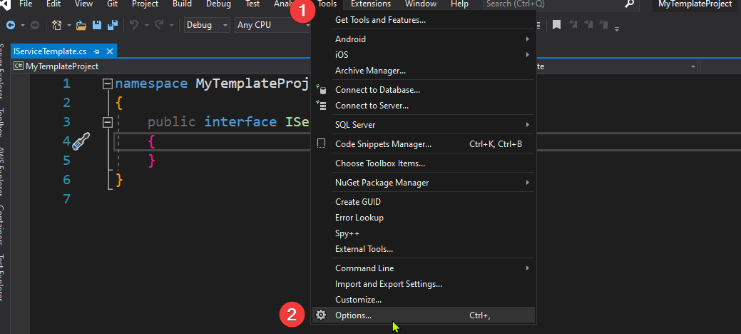 Menu Tools do Visual Studio 2019 com a opção Options em destaque