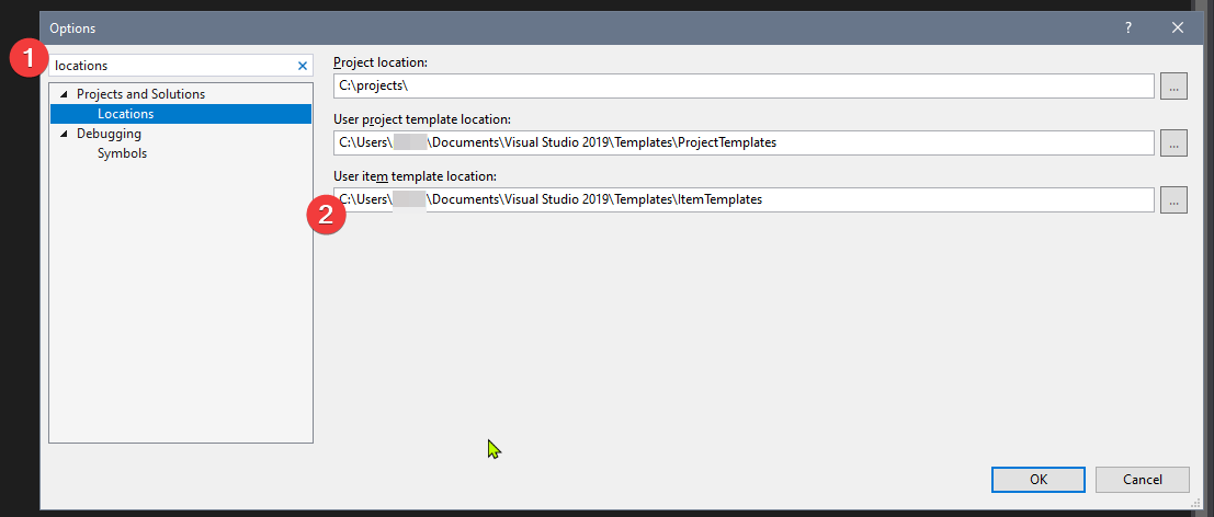 Tela Projects and Solutions Locations do Visual Studio com o caminho dos item templates do usuário