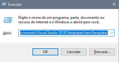 Janela Executar do Windows com o caminho da pasta ItemTemplates colado