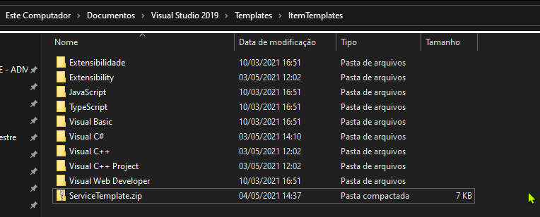 Pasta ItemTemplates com o novo zip do template de serviço colado