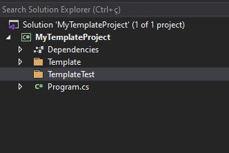 Pasta TemplateTest criada no Solution Explorer para receber os arquivos do template no Visual Studio
