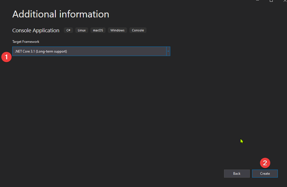 Tela final de criação do projeto console com a escolha da versão do framework