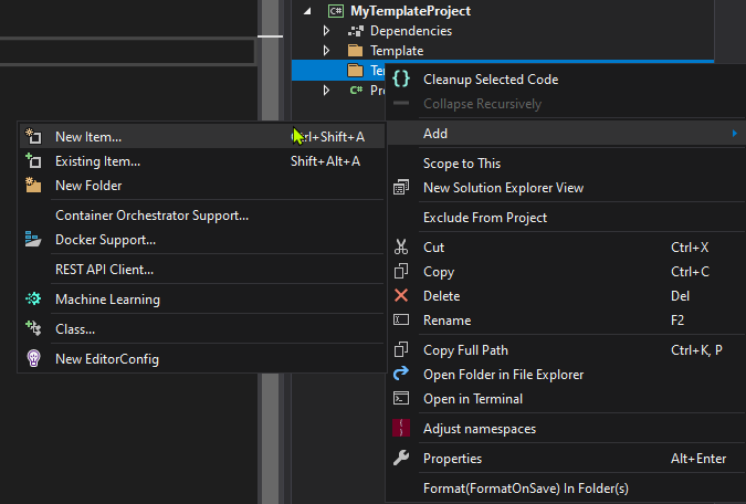 Menu de contexto Add com a opção New Item no Solution Explorer do Visual Studio
