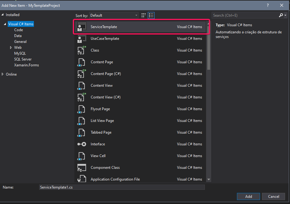 Janela Add New Item exibindo o template de serviço personalizado no topo da lista do Visual Studio