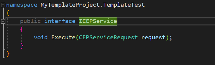 Solution Explorer exibindo os três arquivos gerados pelo template do Visual Studio na pasta TemplateTest