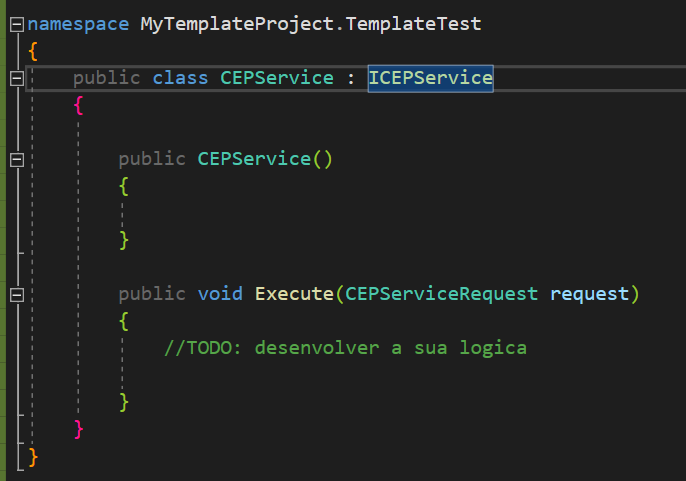 Classe de implementação do serviço de CEP gerada pelo template do Visual Studio