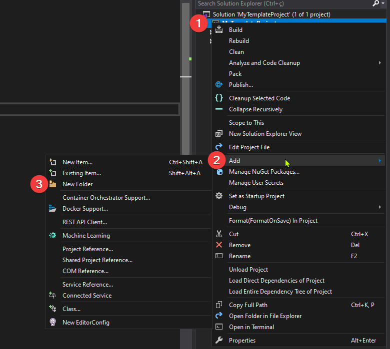 Pasta Template criada no projeto console do Visual Studio com a interface inicial