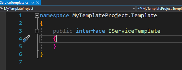 Solution Explorer exibindo o arquivo IServiceTemplate.cs dentro da pasta Template no Visual Studio