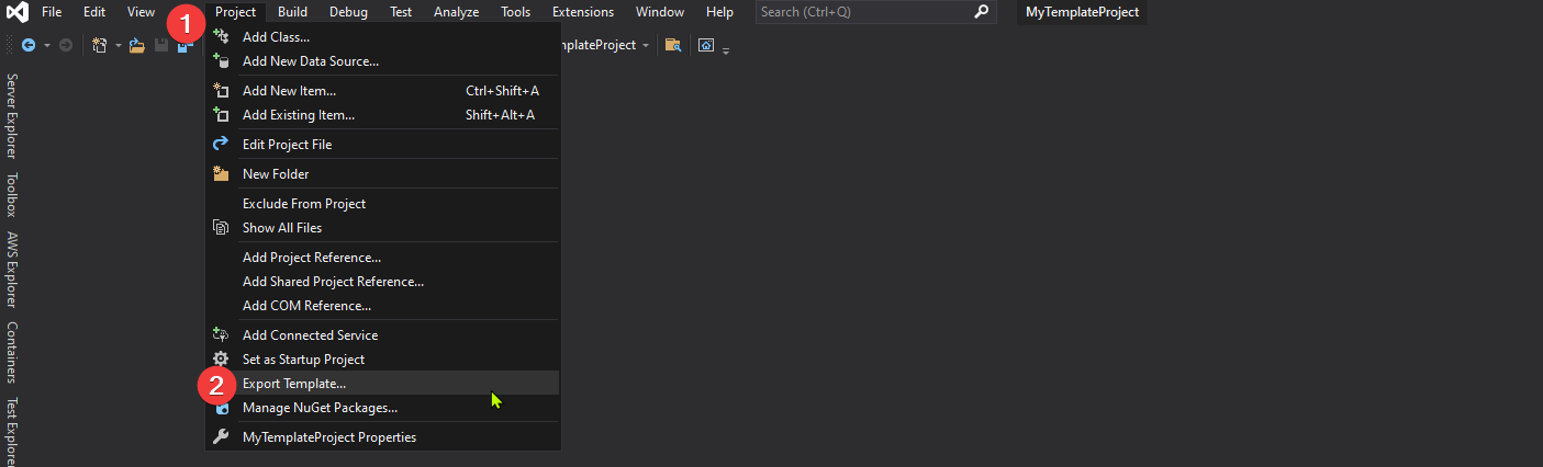 Menu Project do Visual Studio 2019 com a opção Export Template para gerar o template