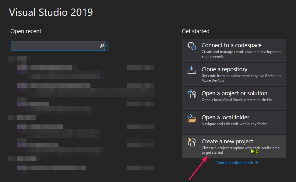 Tela inicial do Visual Studio 2019 com a opção de criar um novo projeto para o template
