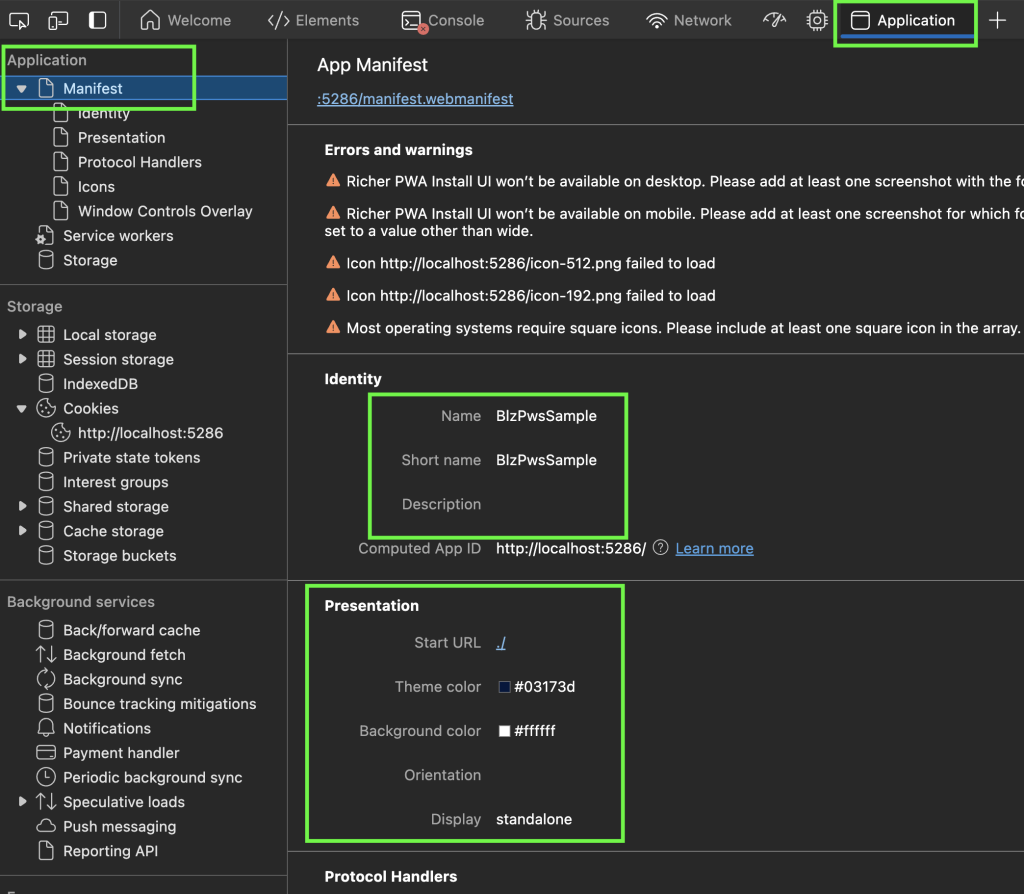 Aba Application do DevTools mostrando os detalhes do manifest do PWA com Blazor, com nome, cores e ícones
