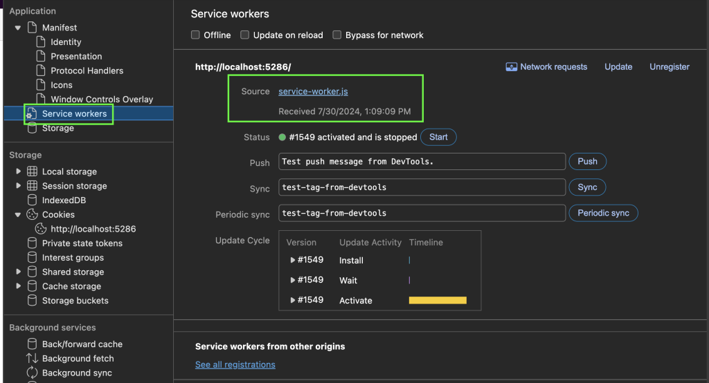 Painel Service workers do DevTools com o service worker do PWA com Blazor ativo e em execução