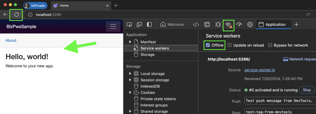 DevTools com a opção Offline marcada para testar o PWA com Blazor sem conexão com a internet