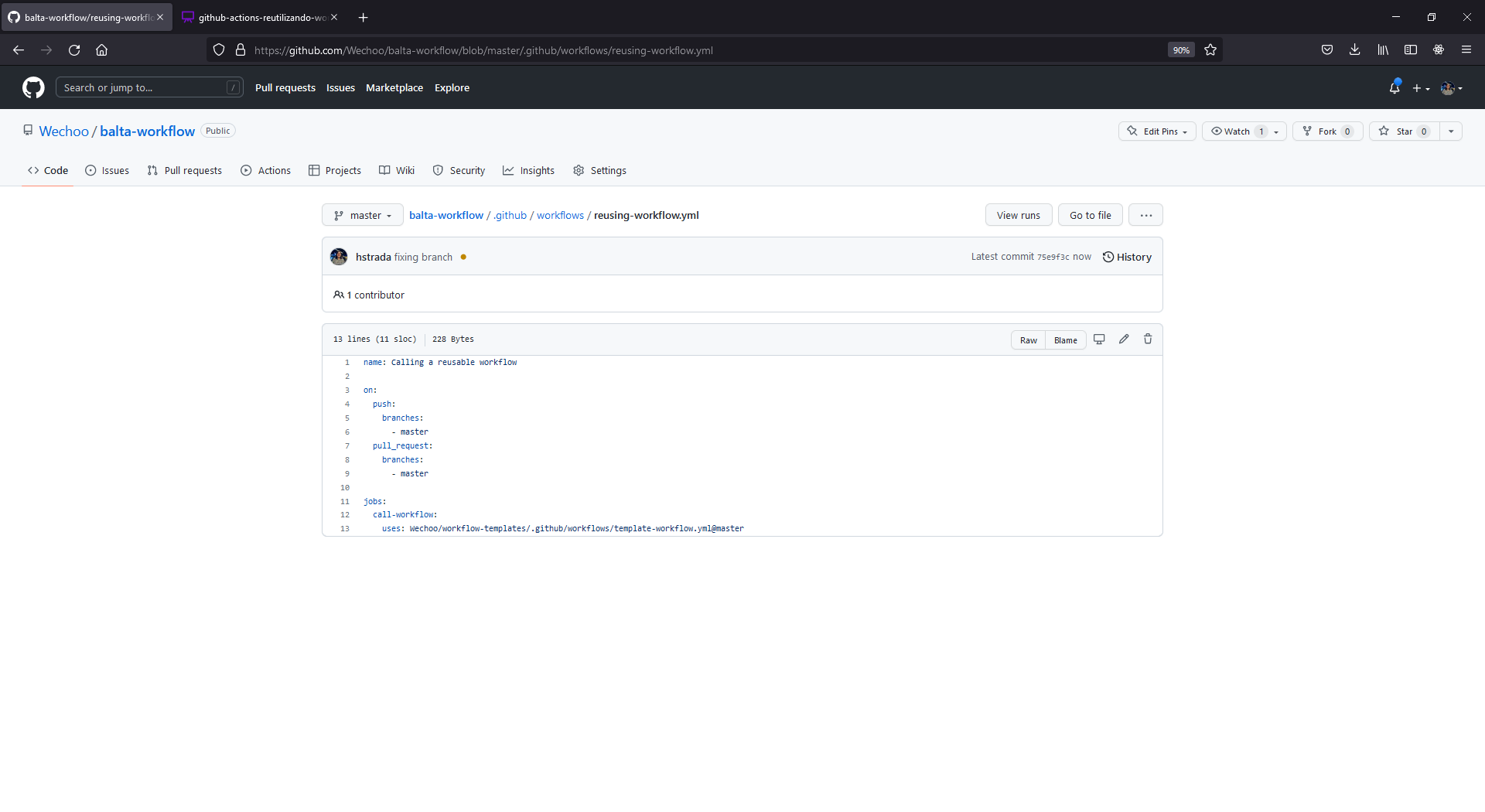 Workflow do repositório de destino chamando workflows reutilizáveis com a chave uses no nível do job