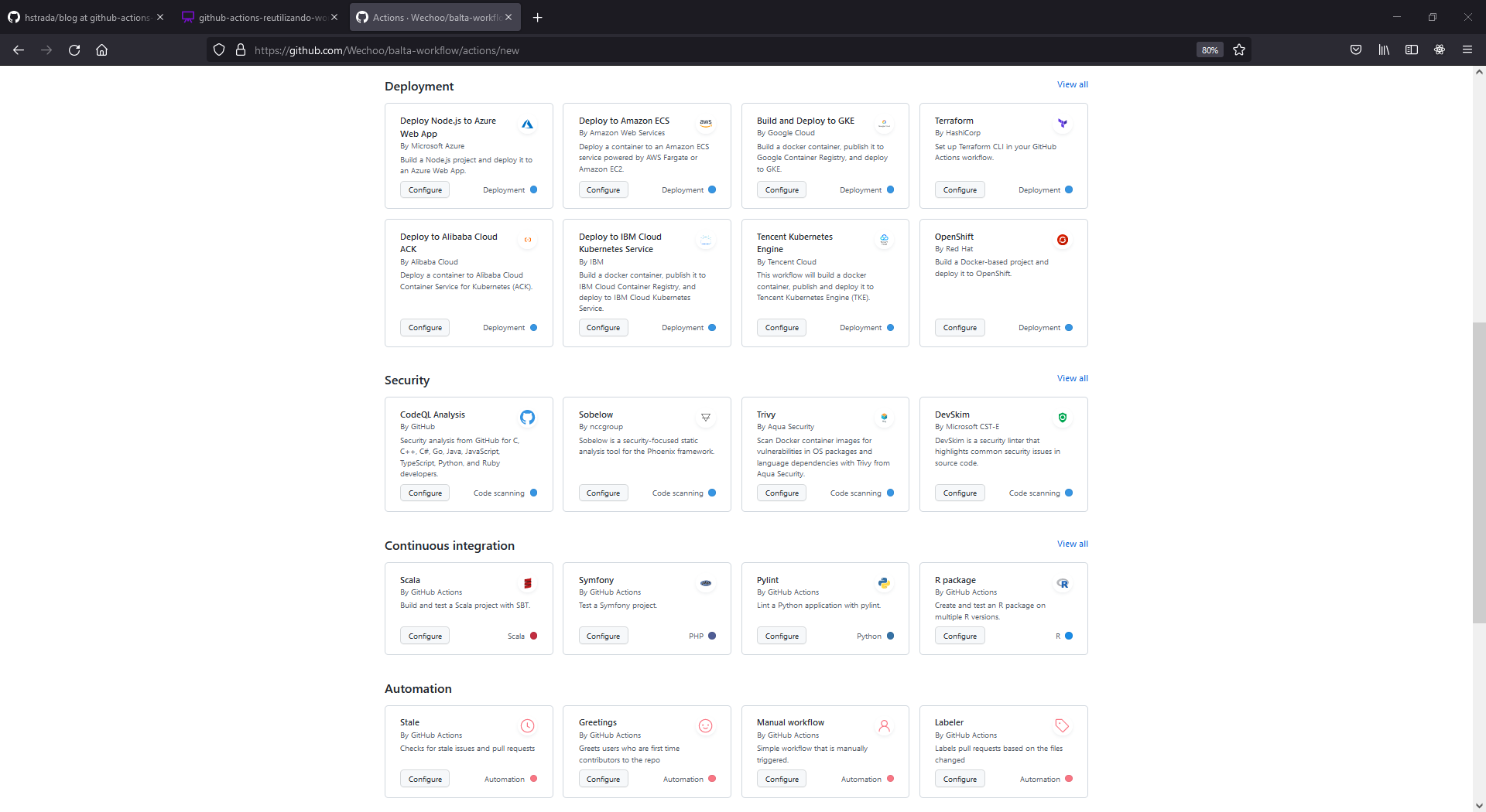 Aba Actions do GitHub listando templates de workflow sugeridos para um novo repositório