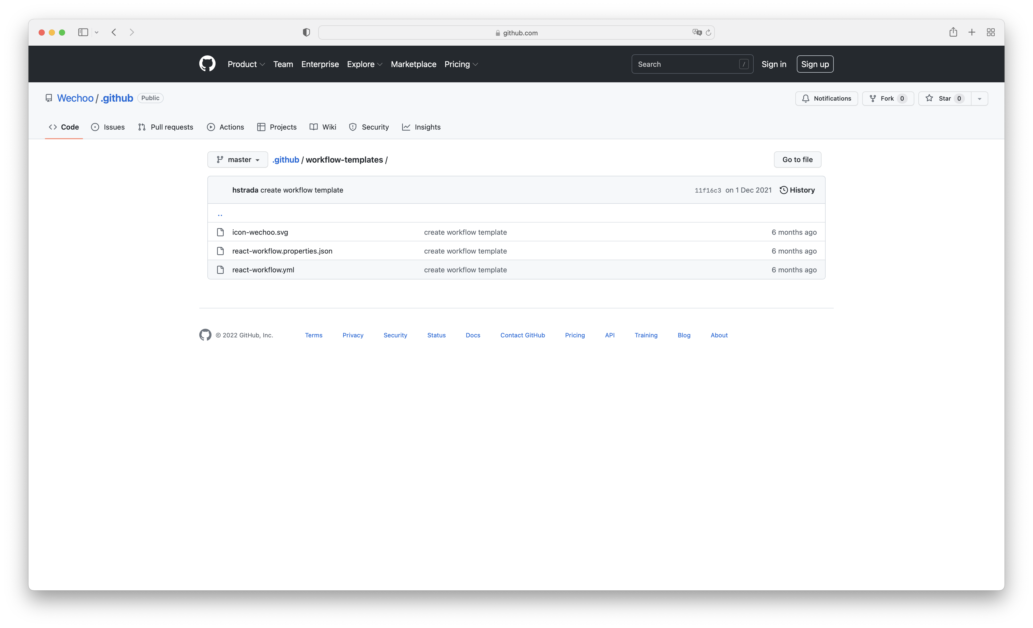 Repositório .github da organização com a pasta workflow-templates contendo o YAML, o arquivo de propriedades e o ícone SVG