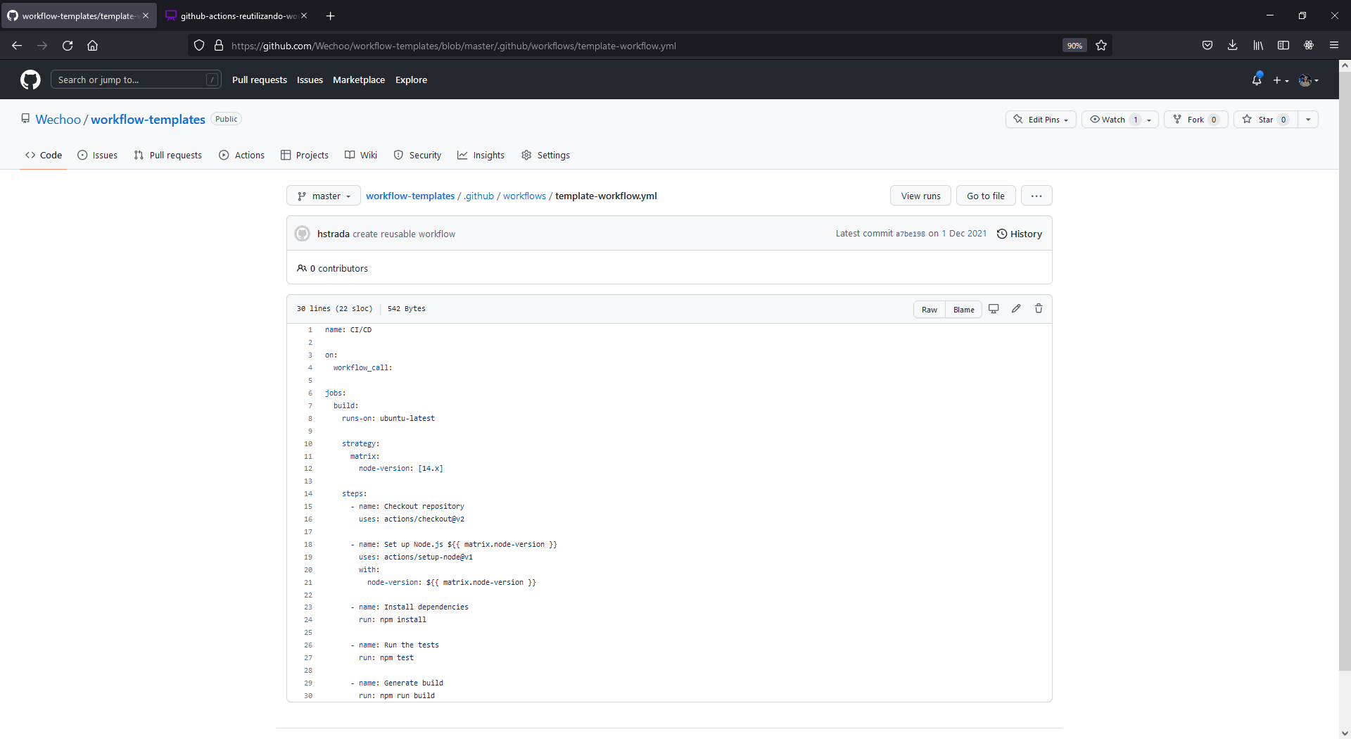 Arquivo YAML de workflows reutilizáveis no repositório workflow-templates com o gatilho workflow_call