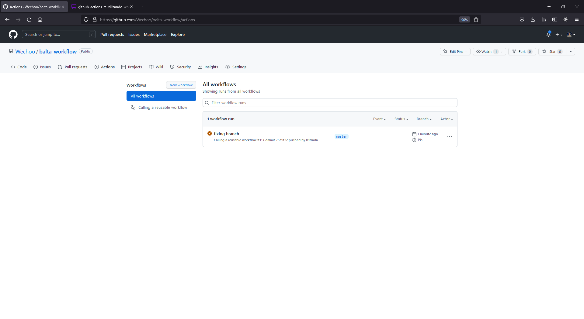 Aba Actions exibindo a execução de workflows reutilizáveis chamados pelo repositório de destino