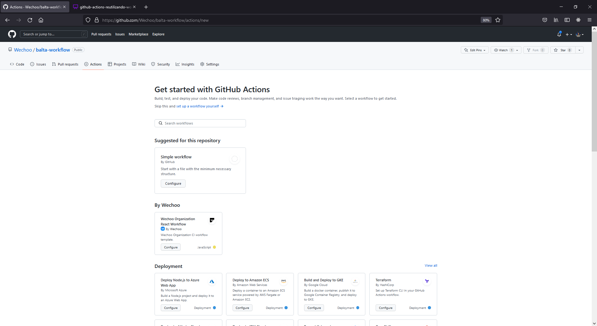 Tela de configuração de um novo workflow criado a partir do template da organização